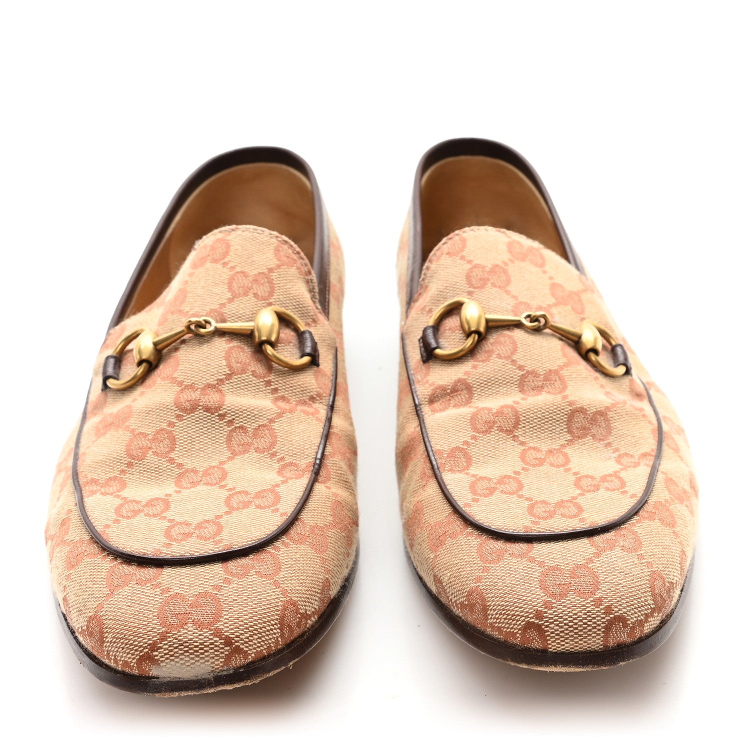 Gucci Canvas GG Monogram Horsebit Mens Jordaan Loafers 9.5 Beige Ruggine Light Brown