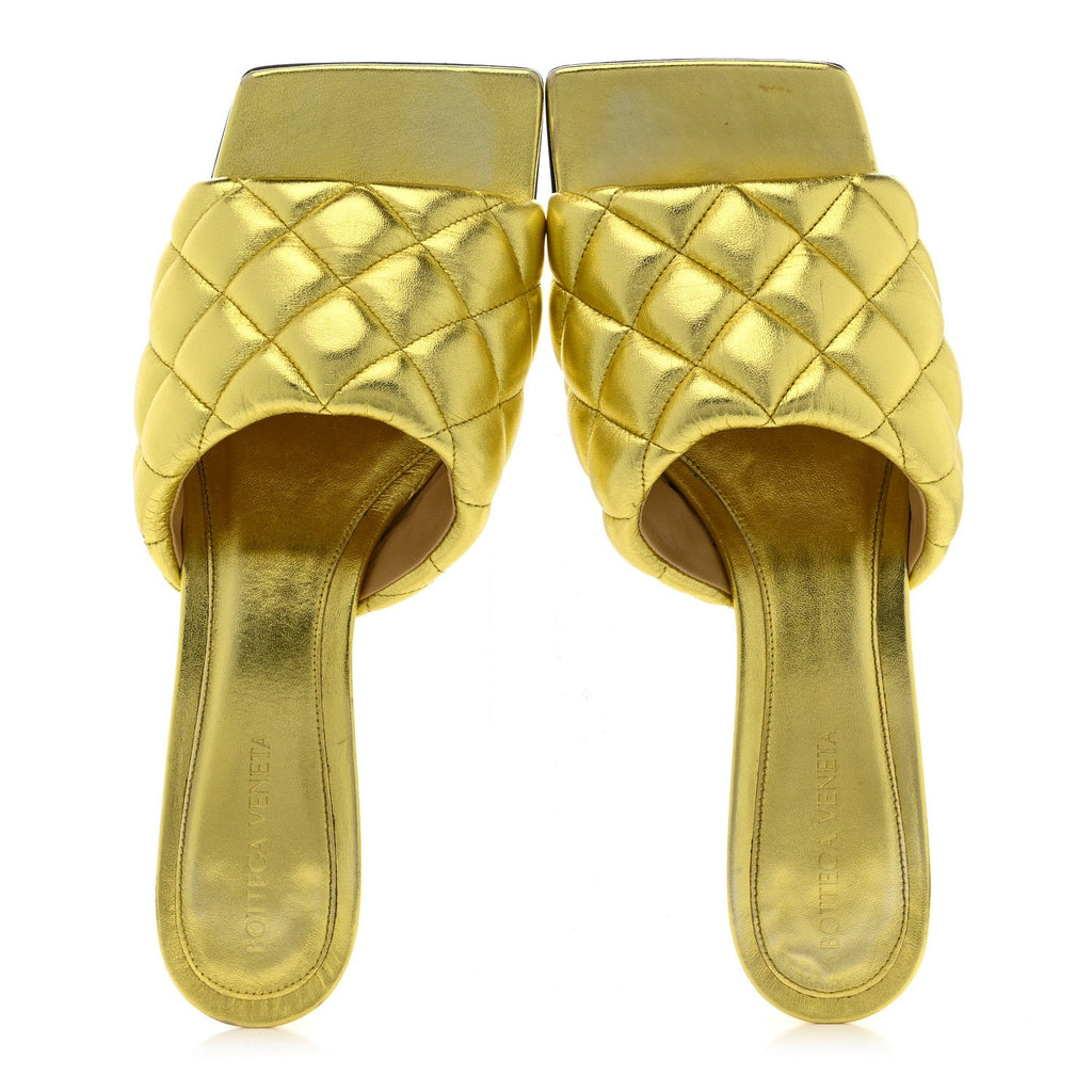 Bottega Veneta Metallic Nappa Reflection Matelasse Padded Kitten Heel Mule Sandals 39 Gold