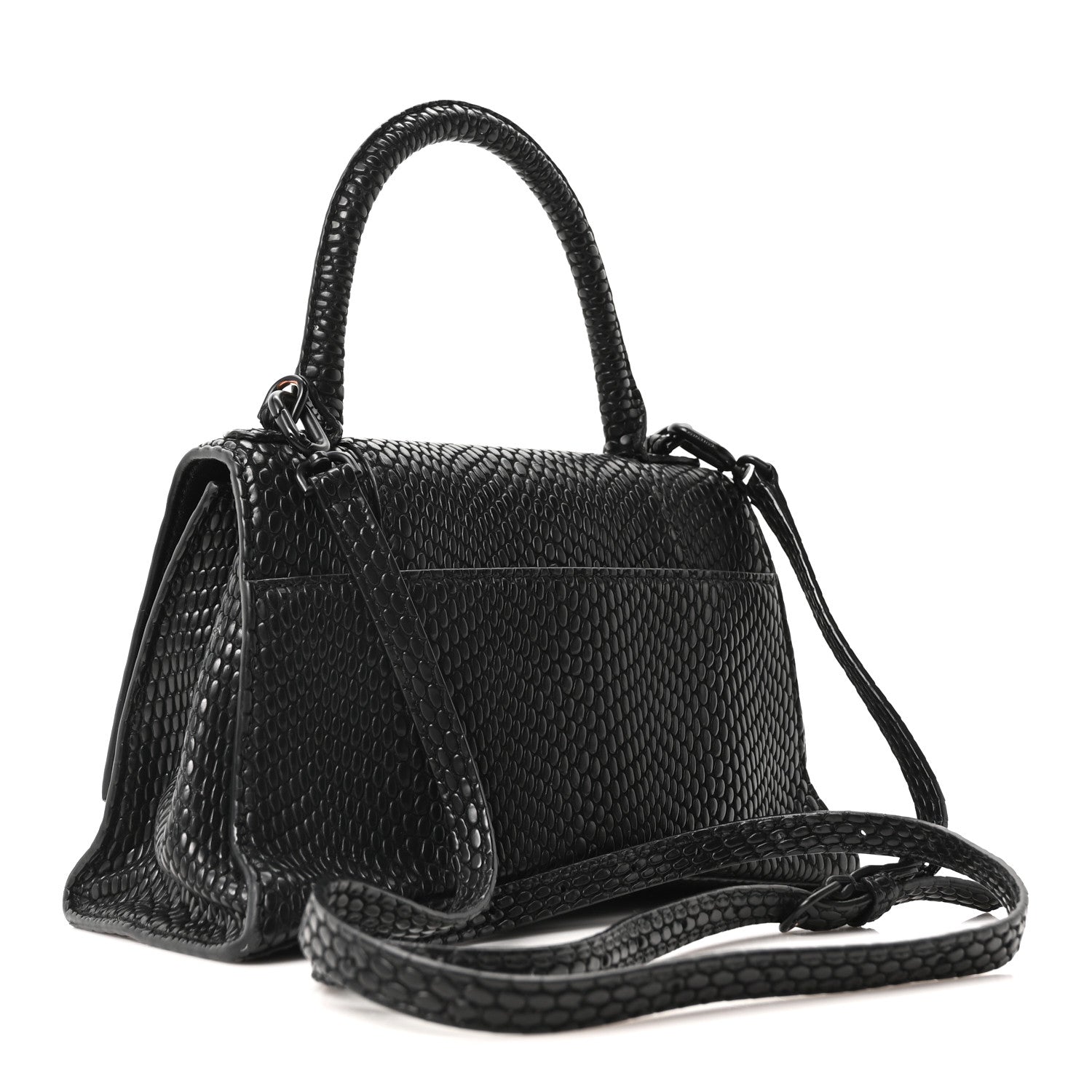 Balenciaga Matte Calfskin Snake Embossed Tonal B Small Hourglass Top Handle Bag Black