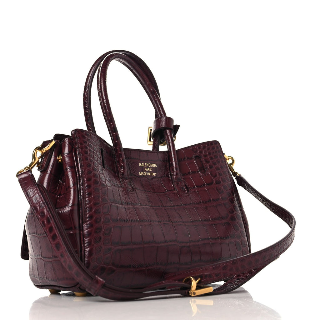 Balenciaga Calfskin Crocodile Embossed Mini Bel Air Carry All Bag Dark Burgundy