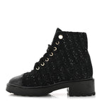 Chanel Tweed Patent Calfskin Pearl Combat Short Boots 37  Black Grey Blue