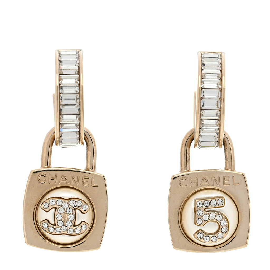 Chanel Pearl Crystal Baguette No 5 Lock Drop Earrings Gold Pearly White