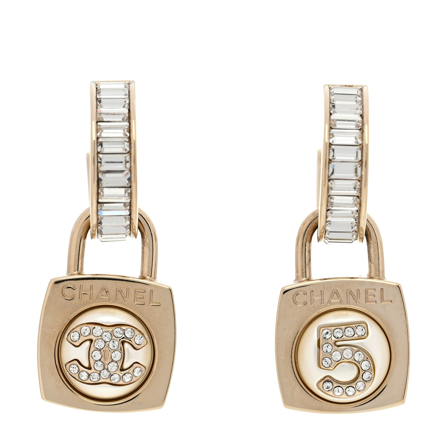 Chanel Pearl Crystal Baguette No 5 Lock Drop Earrings Gold Pearly White