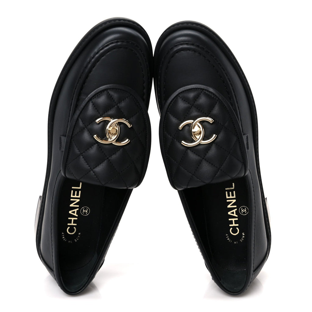 Chanel Lambskin Quilted CC Turnlock Loafers 39 Black