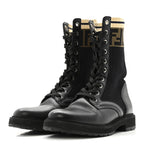 Fendi Calfskin Stretch Fabric Rockoko Biker Boots 36 Tobacco Black Marino