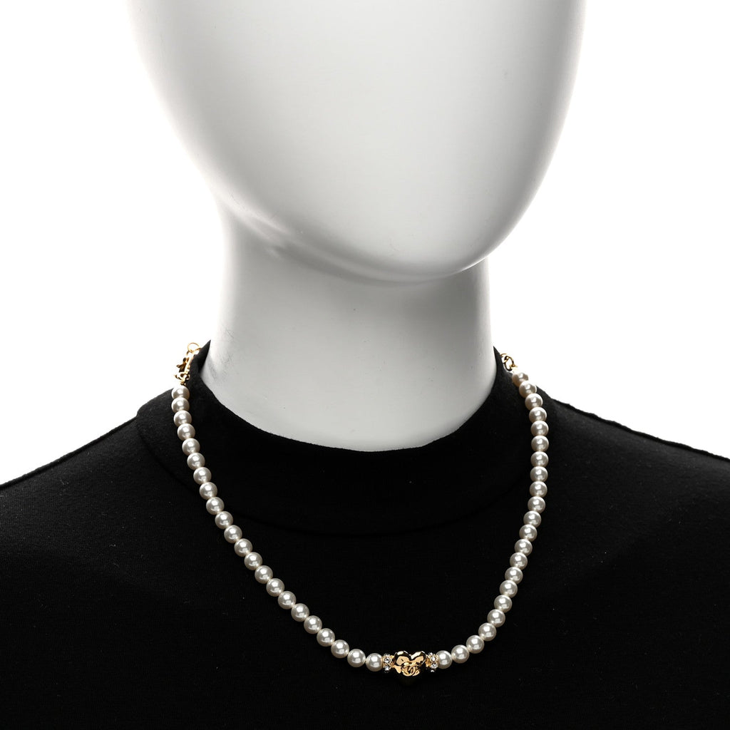 Chanel Crystal Pearl CC Heart Choker Necklace Gold