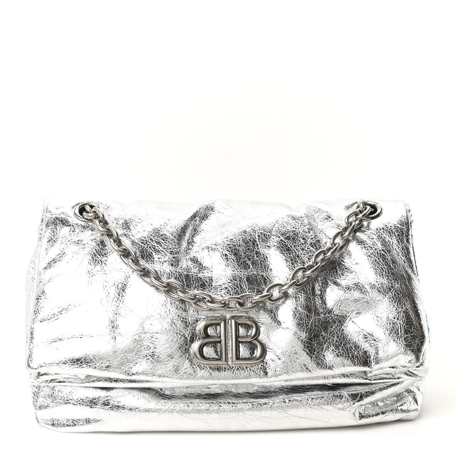 Balenciaga Metallized Arena Calfskin Medium Monaco Chain Shoulder Bag Silver
