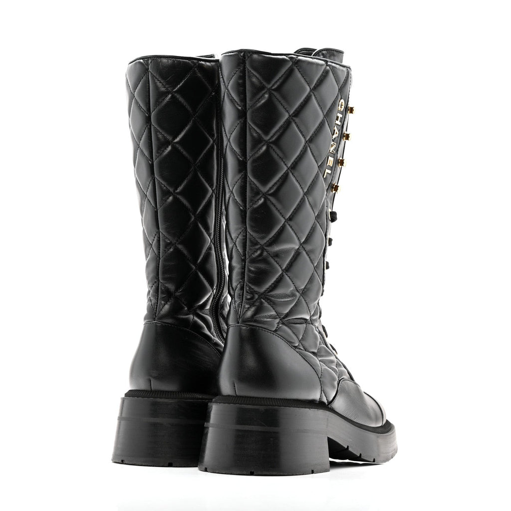 Chanel Calfskin Quilted Logo Lace Up Tall Combat Boots 37.5 Black