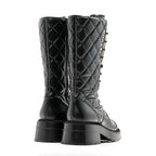 Chanel Calfskin Quilted Logo Lace Up Tall Combat Boots 37.5 Black