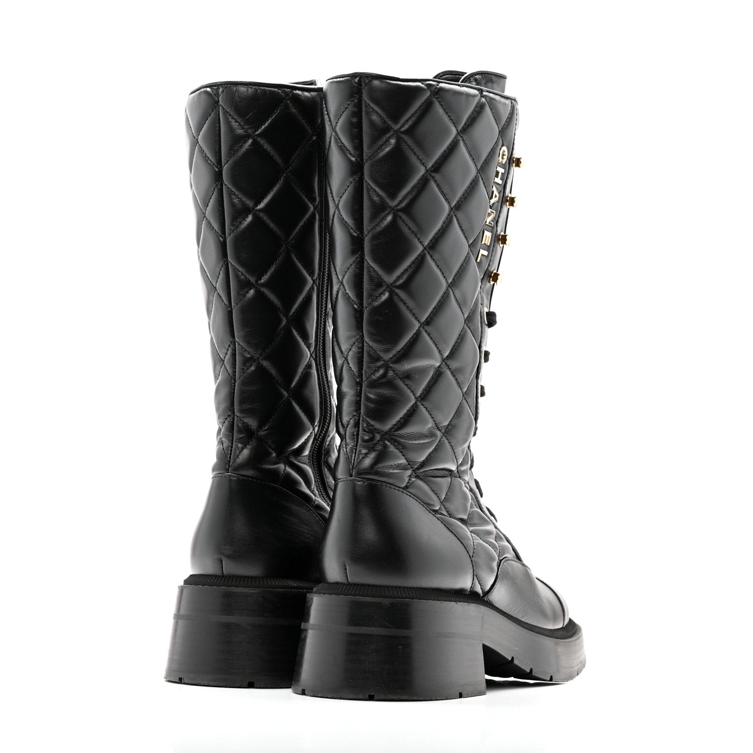 Chanel Calfskin Quilted Logo Lace Up Tall Combat Boots 37.5 Black