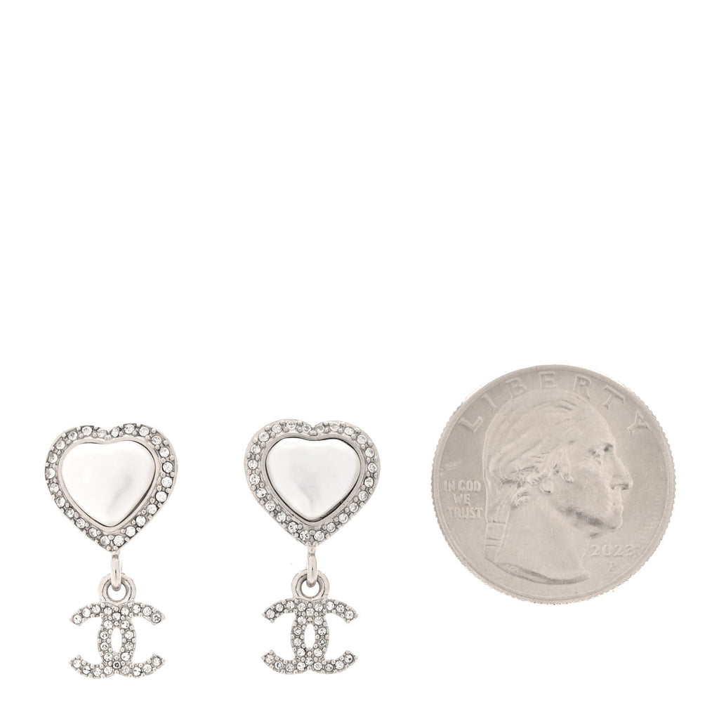 Chanel Pearl Crystal CC Heart Drop Earrings Silver