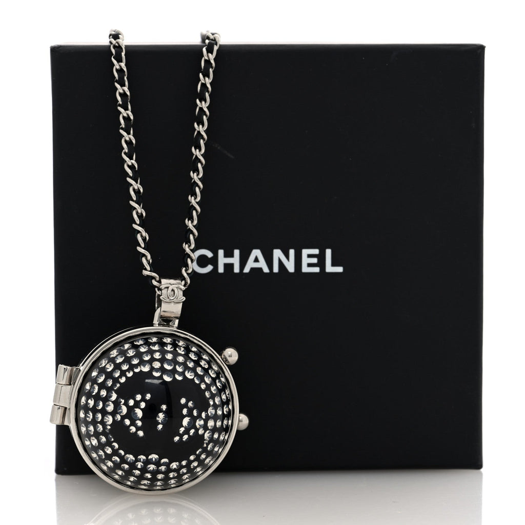Chanel Resin Crystal Lambskin Ball Mirror Necklace Black Silver