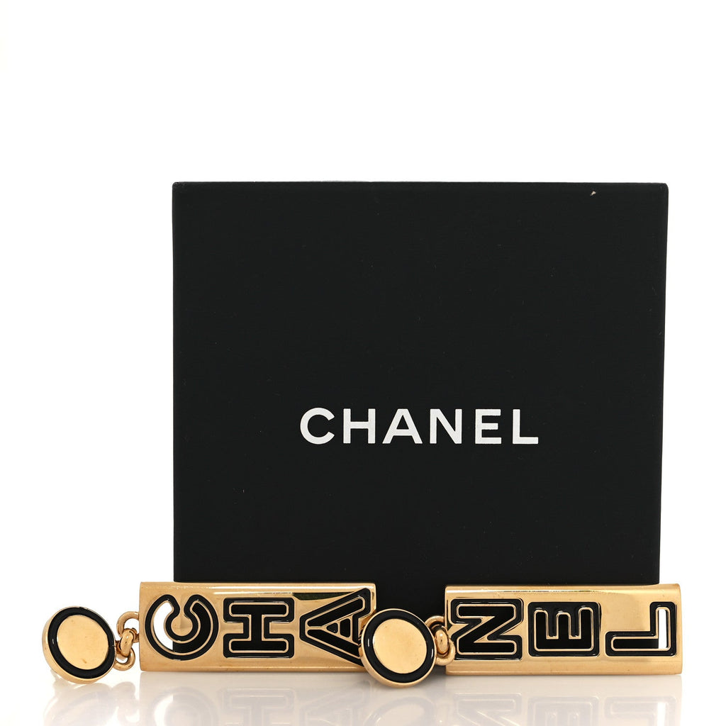 Chanel Metal Enamel Cha-Nel Logo Drop Earrings Gold Black