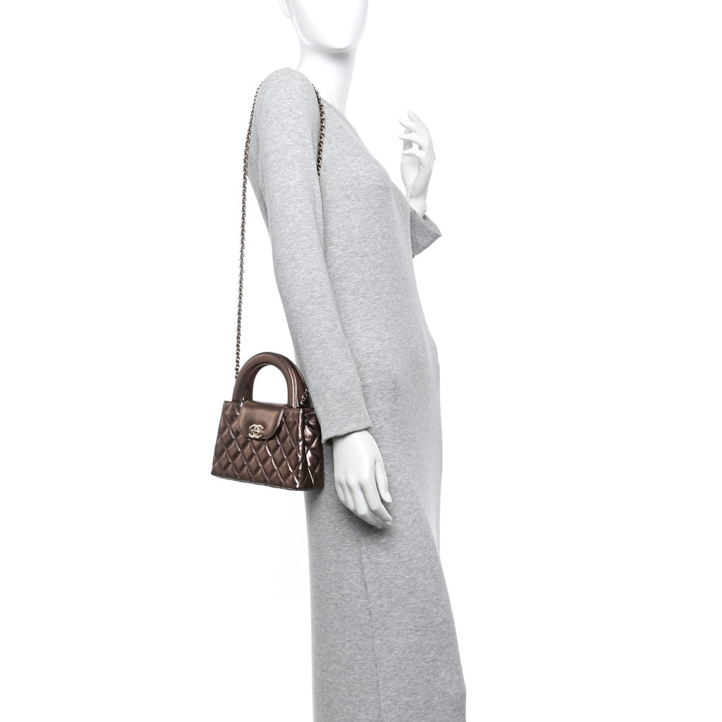 Chanel Metallic Aged Calfskin Quilted Nano Kelly Shopper Light Brown