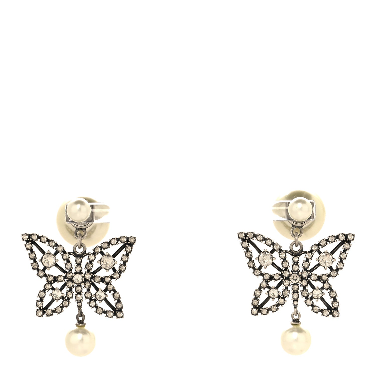 Christian Dior Crystal Pearl Butterfly Drop Earrings Silver