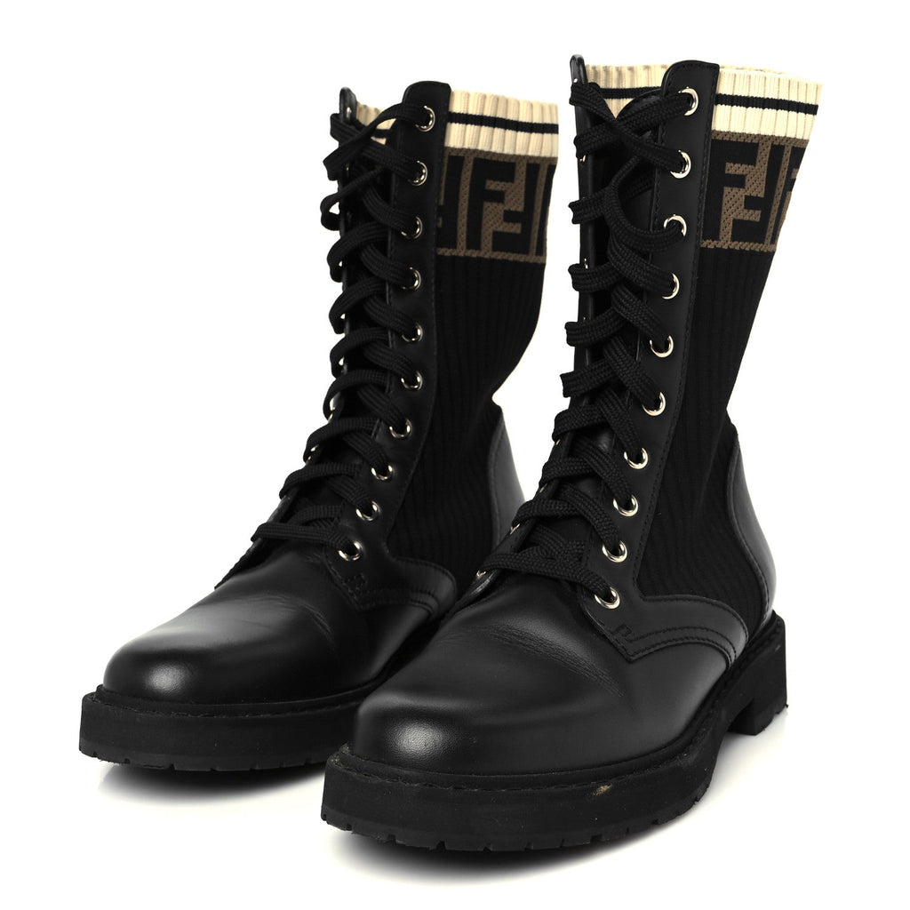 Fendi Calfskin Stretch Fabric Rockoko Biker Boots 36 Tobacco Black Marino