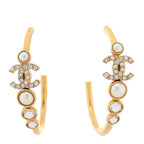 Chanel Crystal Pearl CC Hoop Earrings Gold Pearly White