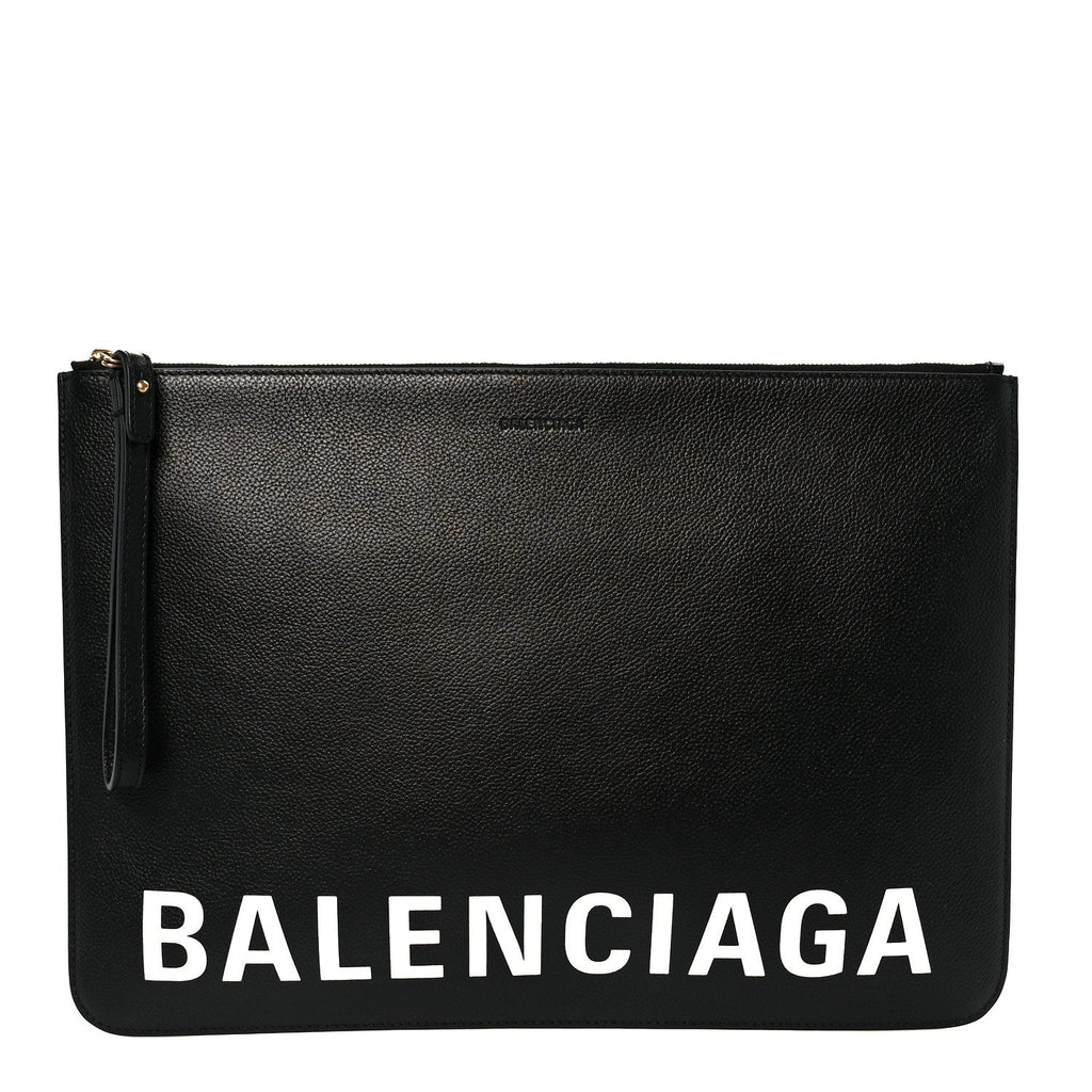 Balenciaga Calfskin Logo Large Cash Pouch With Handle Black White