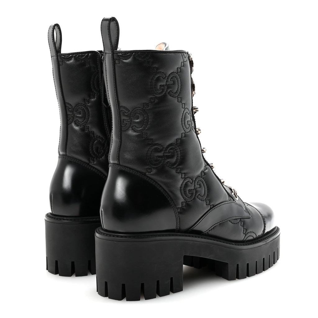 Gucci Cordovan Lux Nappa GG Matelasse Lace Up 60mm Combat Boots 35.5 Black