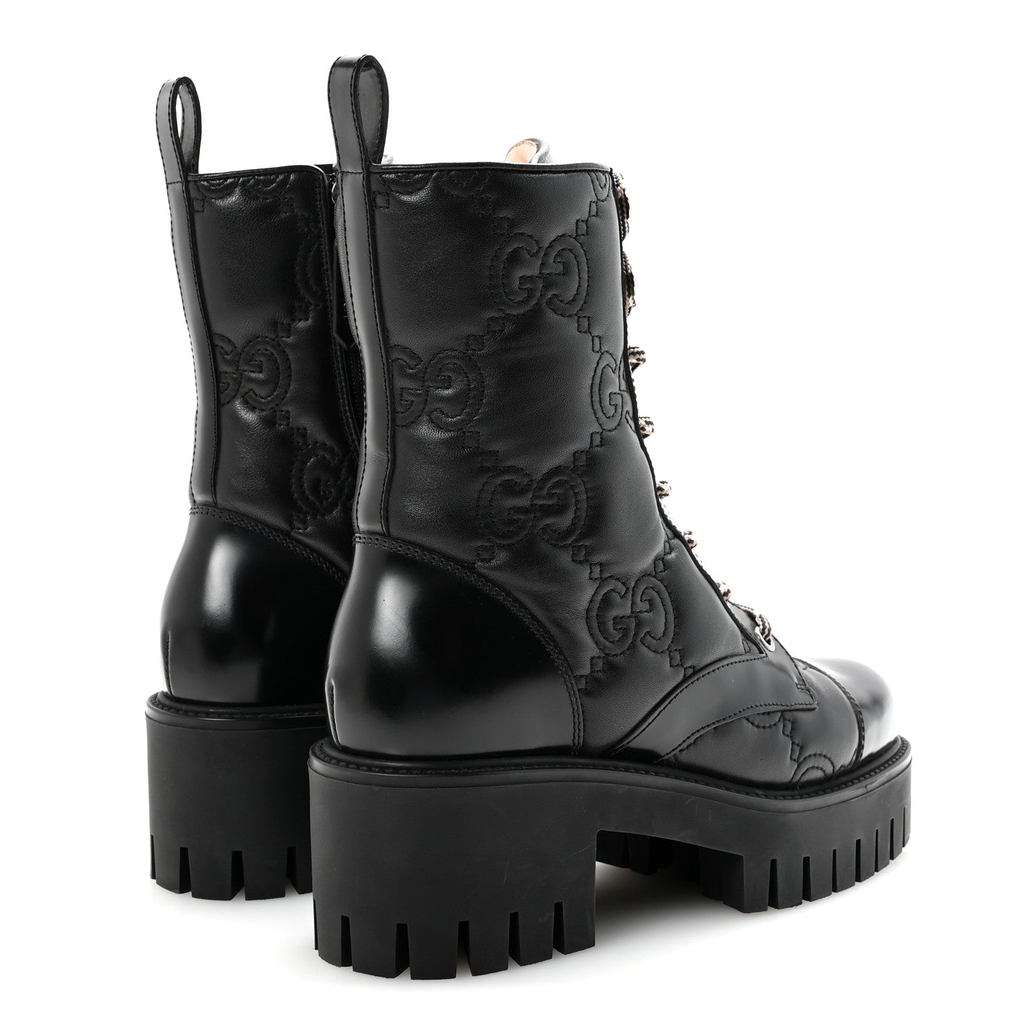 Gucci Cordovan Lux Nappa GG Matelasse Lace Up 60mm Combat Boots 35.5 Black