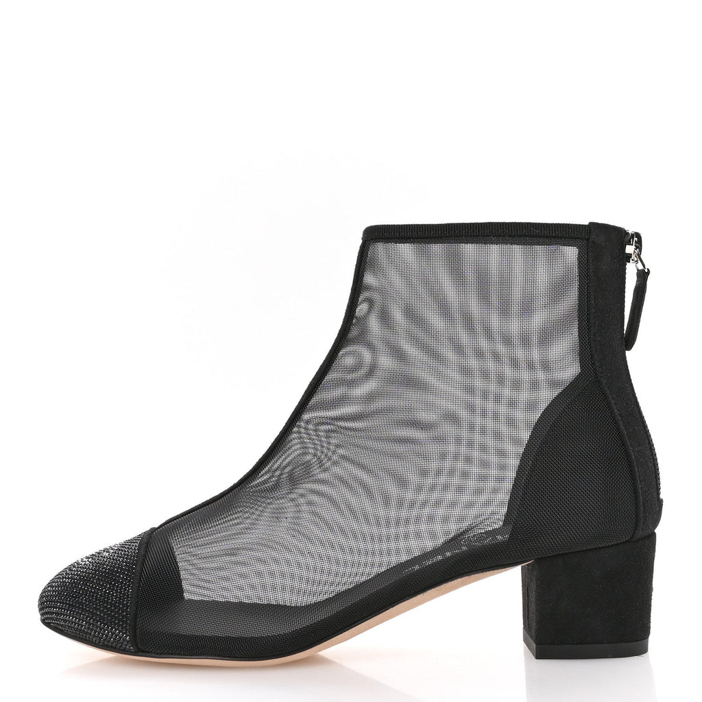 Chanel Mesh Suede Cap Toe Embellished Short Boots 35.5 Black