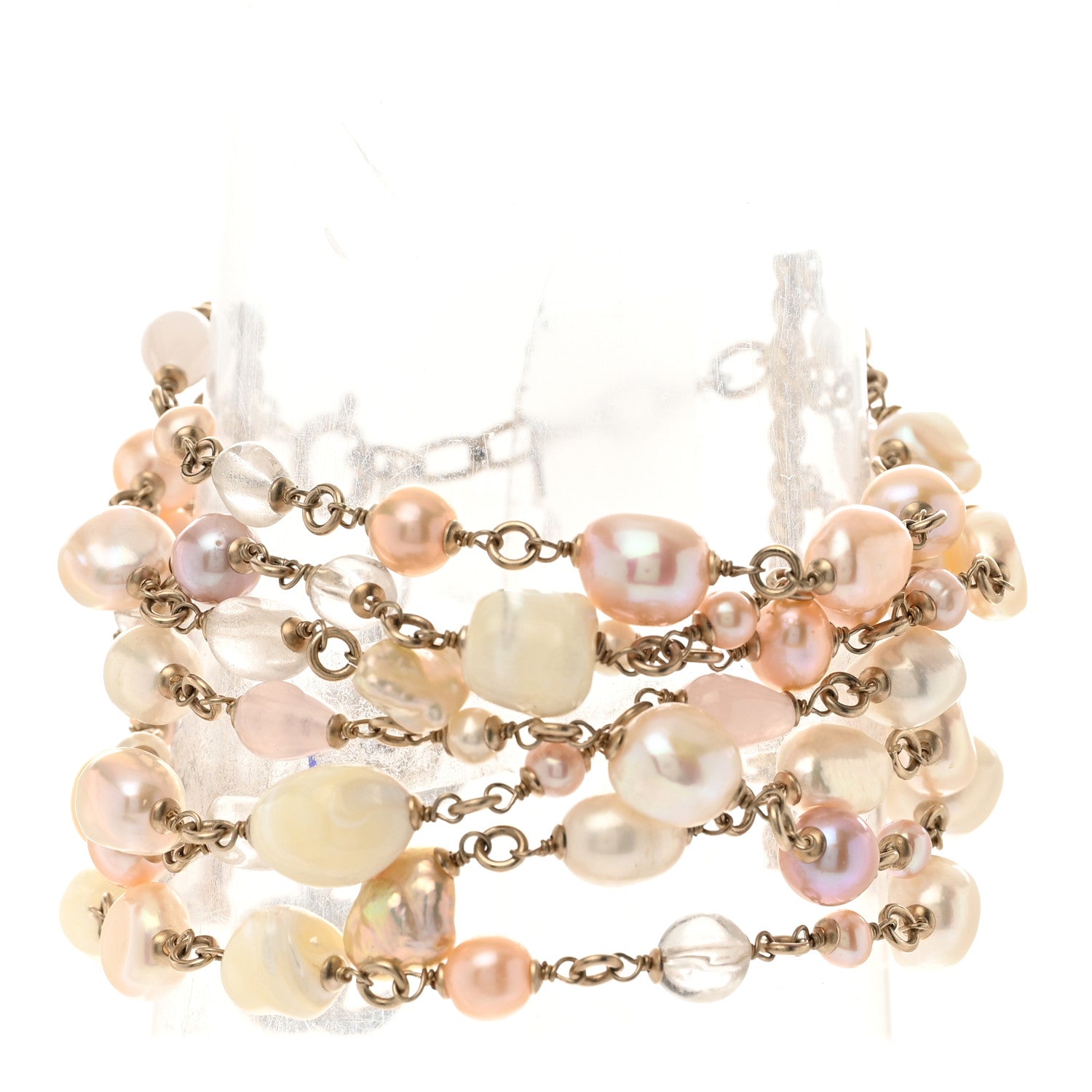 Chanel Pearl Bead CC Multi Strand Bracelet Gold Pink