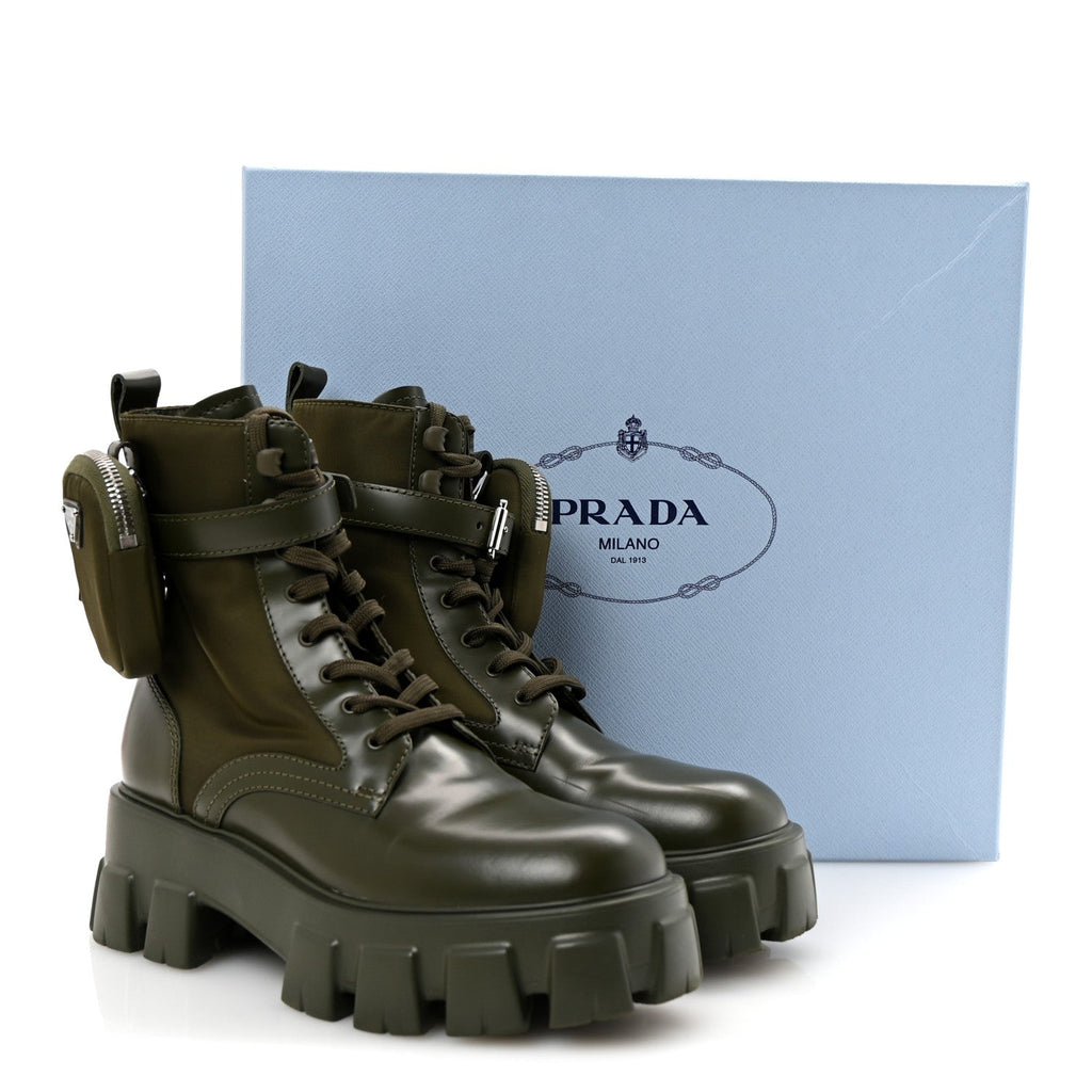Prada Spazzolato Rois Re-Nylon Metal Triangle Logo Monolith Pouch Pocket 55mm Boots 37.5 Militare