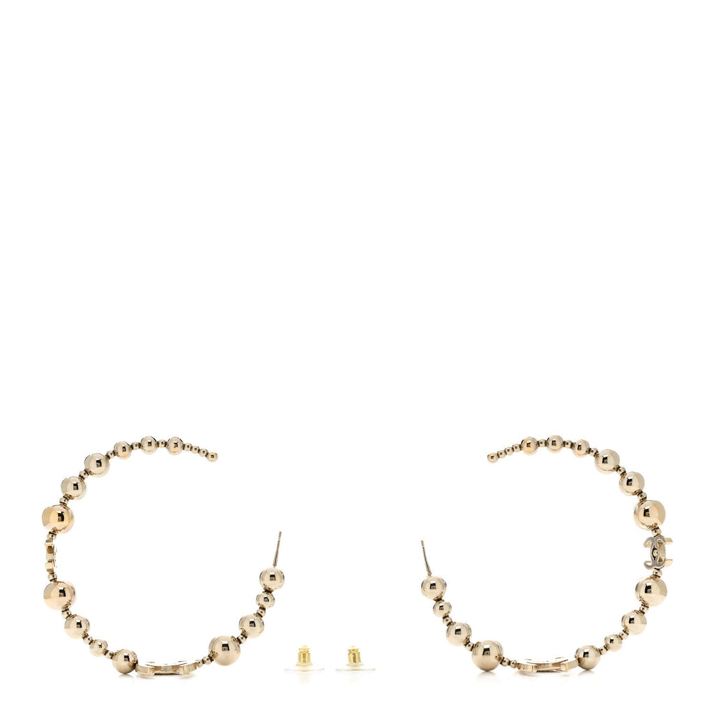 Chanel Metal Bead CC Hoop Earrings Gold
