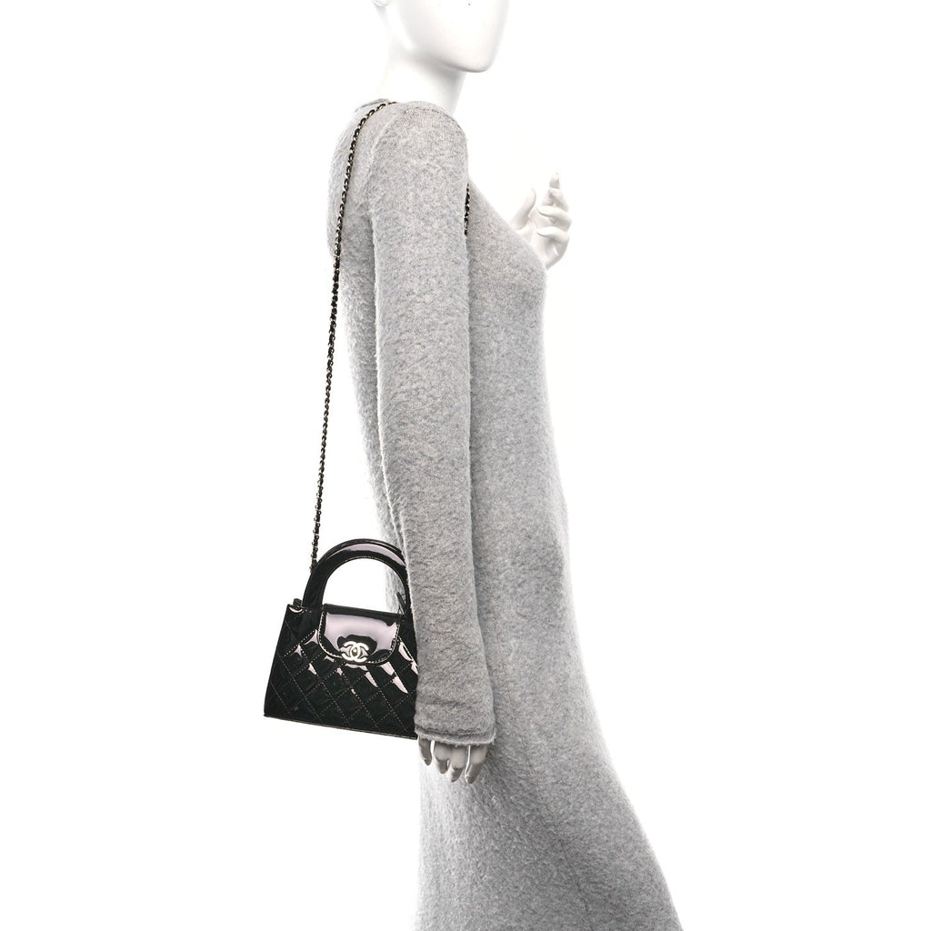Chanel Mirror Calfskin Quilted Nano Kelly Shopper Black