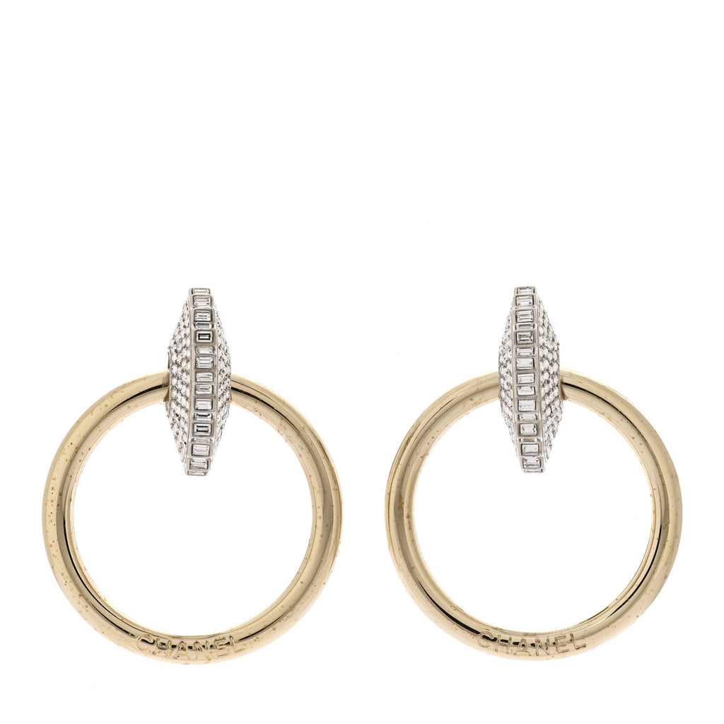 Chanel Baguette Crystal Hoop Clip On Earrings Gold