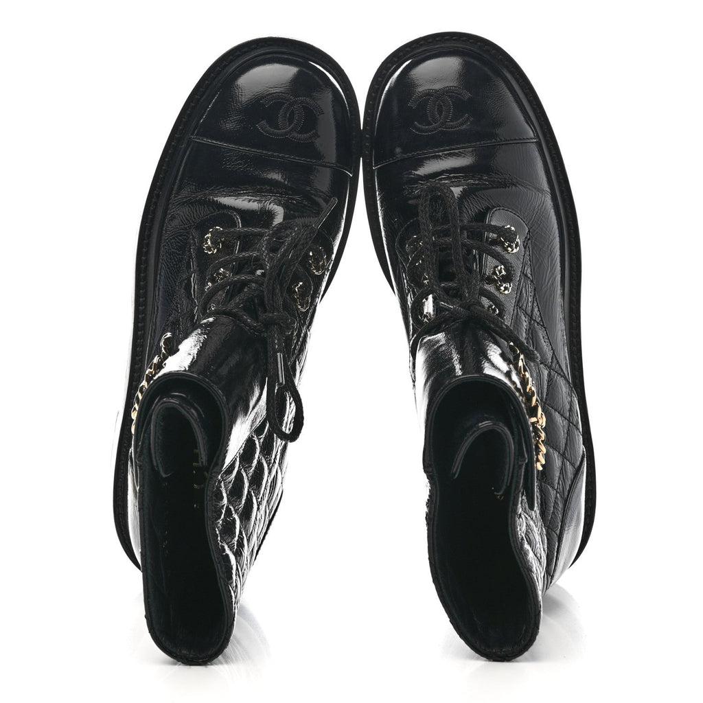 Chanel Shiny Lambskin Quilted Lace Up Combat Boots 38.5 Black