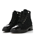 Chanel Tweed Patent Calfskin Pearl Combat Short Boots 37  Black Grey Blue