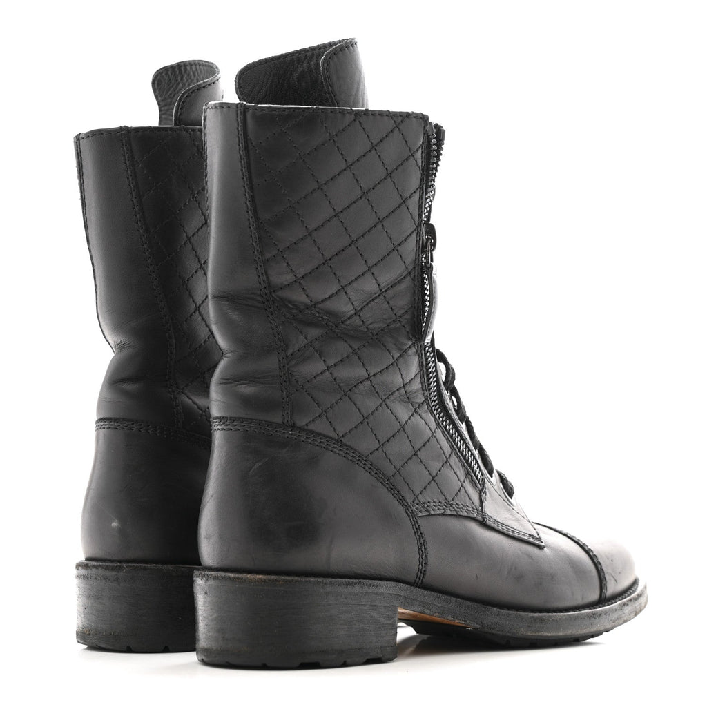 Chanel Calfskin Quilted Lace Up Combat Boots  38 Black
