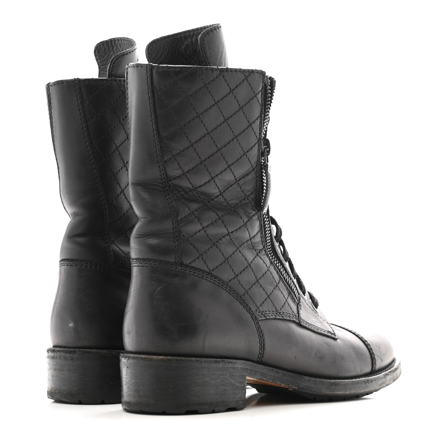 Chanel Calfskin Quilted Lace Up Combat Boots  38 Black