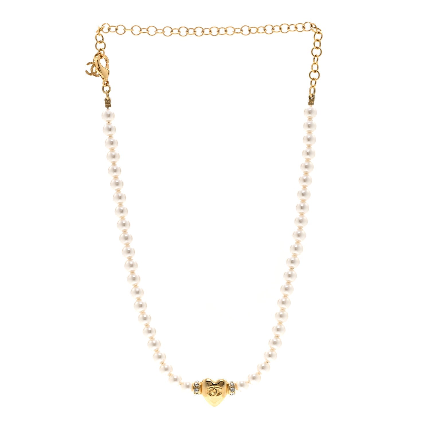 Chanel Crystal Pearl CC Heart Choker Necklace Gold