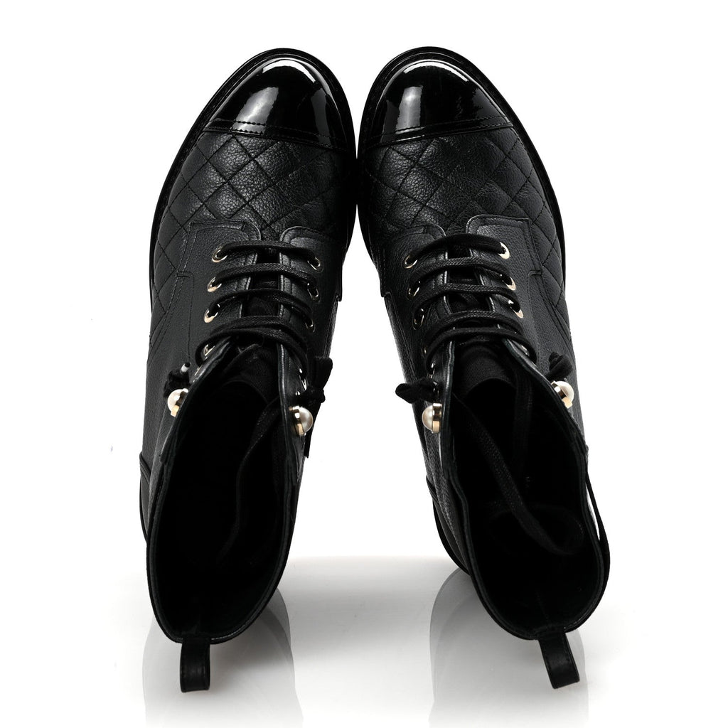 Chanel Pearly Calfskin Patent Calfskin Lace Up Combat Boots 37 Black