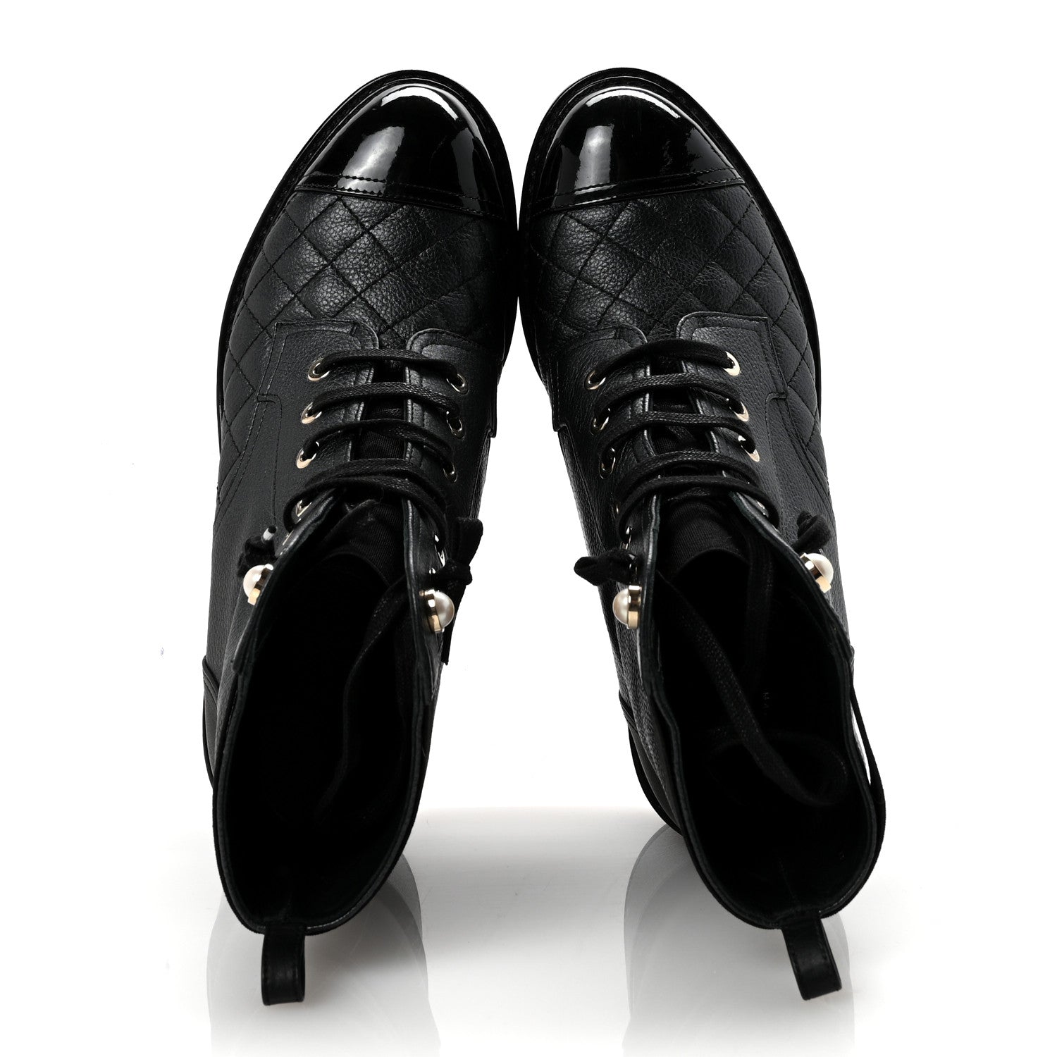 Chanel Pearly Calfskin Patent Calfskin Lace Up Combat Boots 37 Black