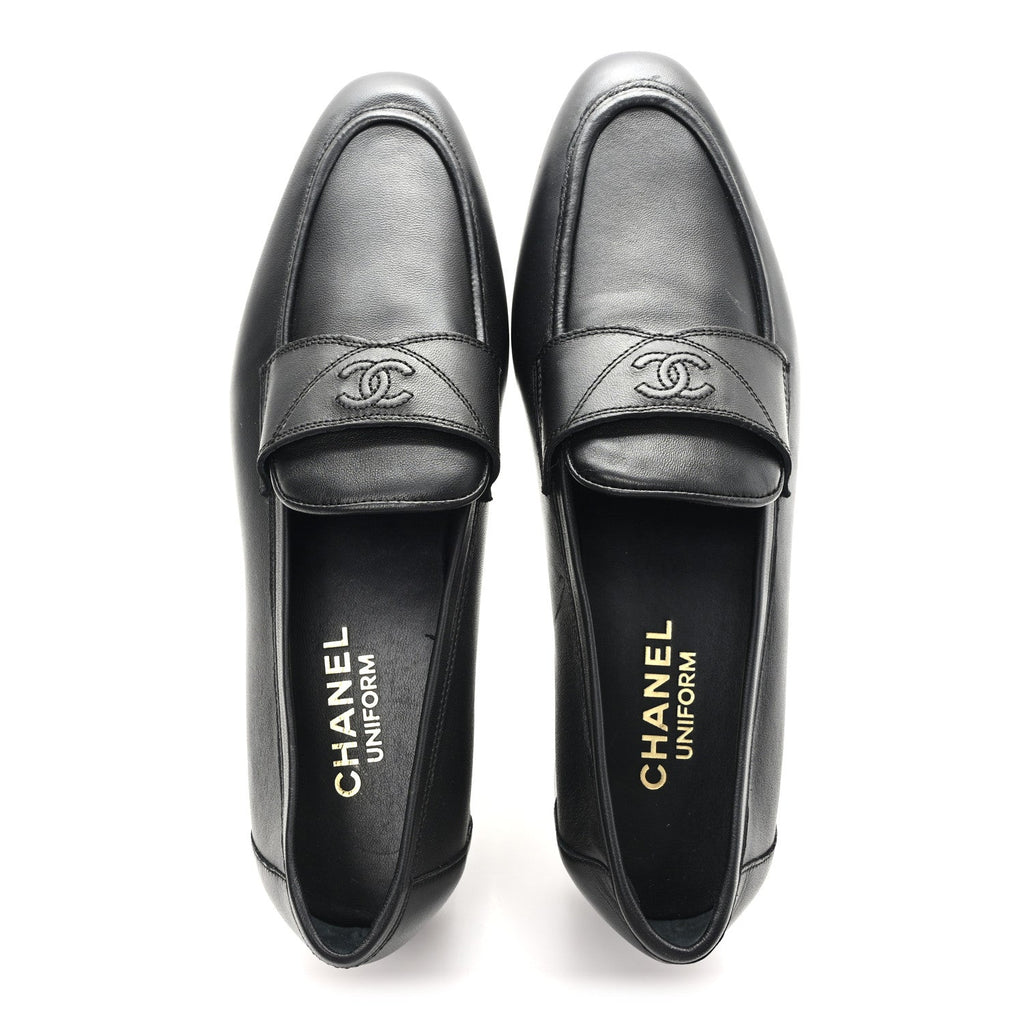 Chanel Lambskin Mens Stitched CC Loafers 42 Black