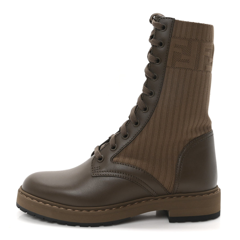 Fendi Vitello Stretch Fabric FF Rockoko Biker Boots 37 Maya Chocolate