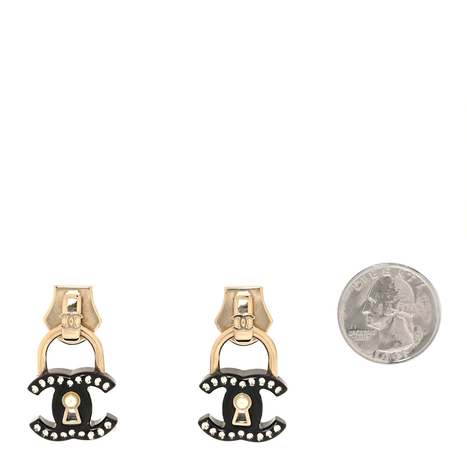 Chanel Metal Resin Crystal Pearl CC Lock Drop Earrings Gold Black