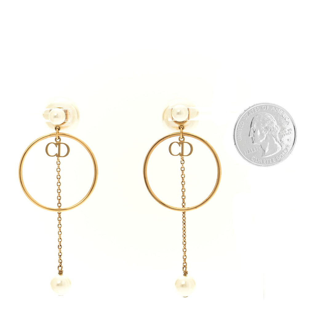 Christian Dior Pearl Tribales Dangle Chain Earrings Gold