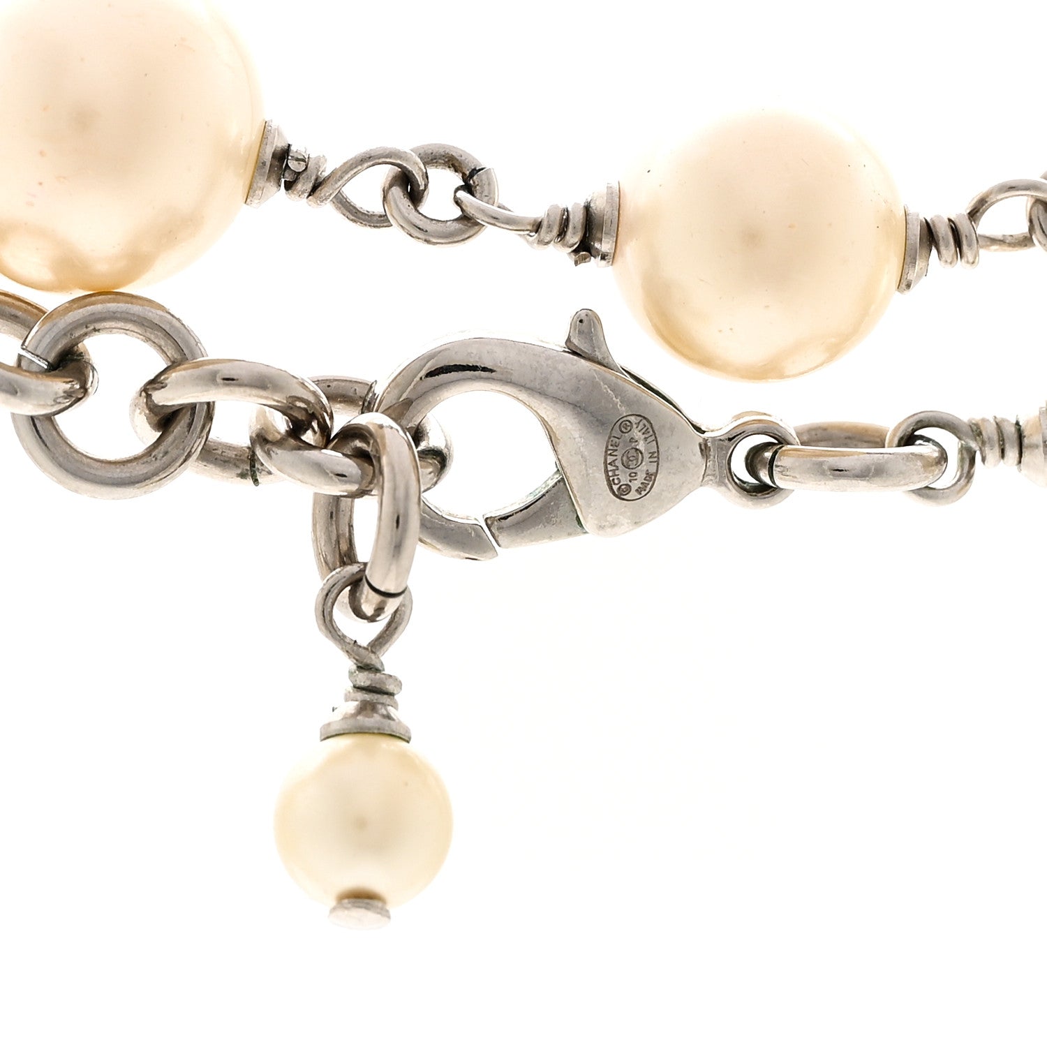Chanel Graduated Pearl Crystal CC Long Necklace Silver