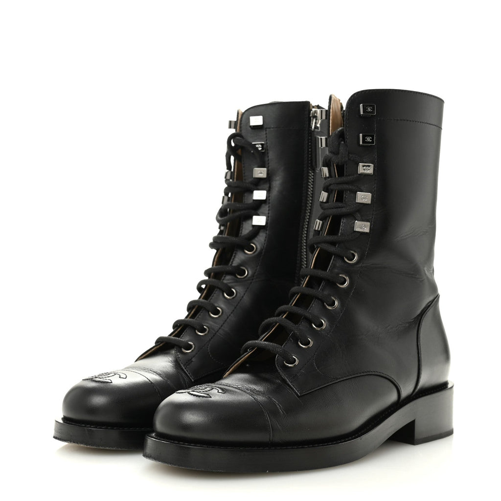 Chanel Calfskin Lace Up Combat Boots 37.5 Black