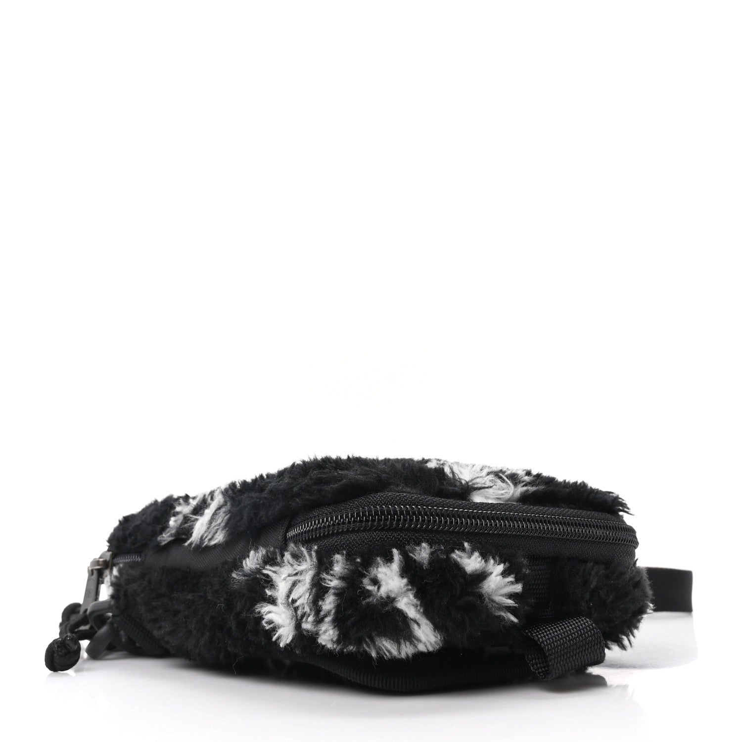 Balenciaga Faux Fur Diagonal Logo Explorer Crossbody Pouch  Black White