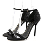 Gucci Suede Satin Crystal Ankle Strap High Heel Sandals 39.5 Black