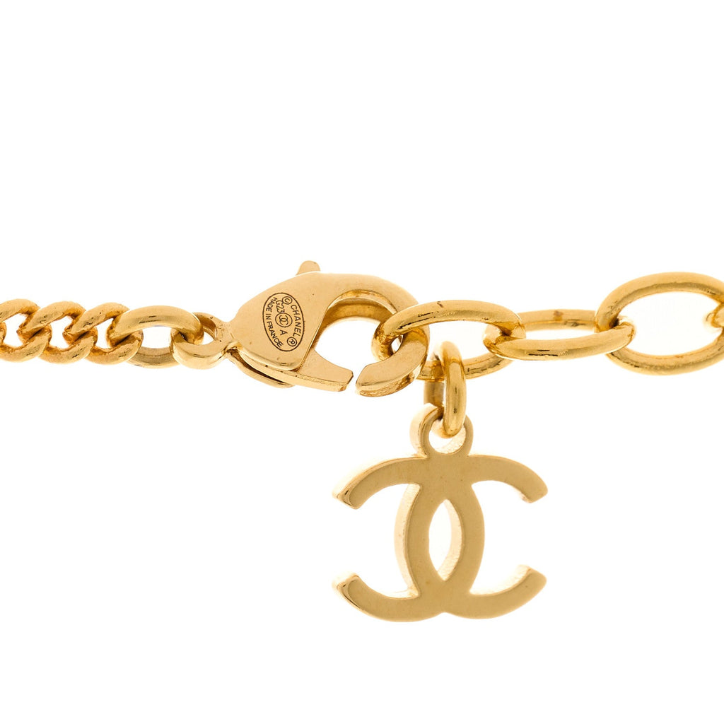 Chanel Metal Pearl Crystal CC Dakar Pendant Necklace Gold White