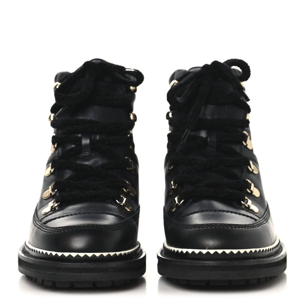 Chanel Calfskin Lambskin Lace Up Boots 37.5 Black