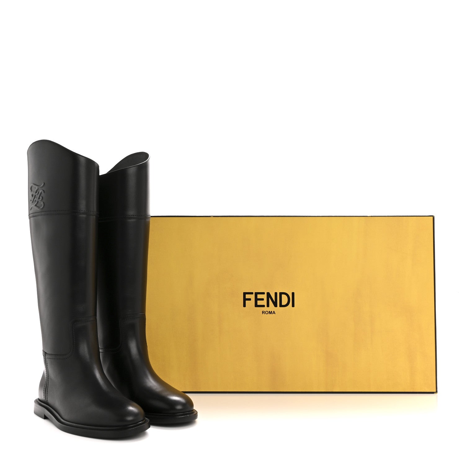 Fendi Vitello Karligraphy Embossed Tall Riding Boots 36 Black