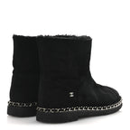 Chanel Kid Suede Shearling Womens Cap Toe Chain Short Boots 38 Black