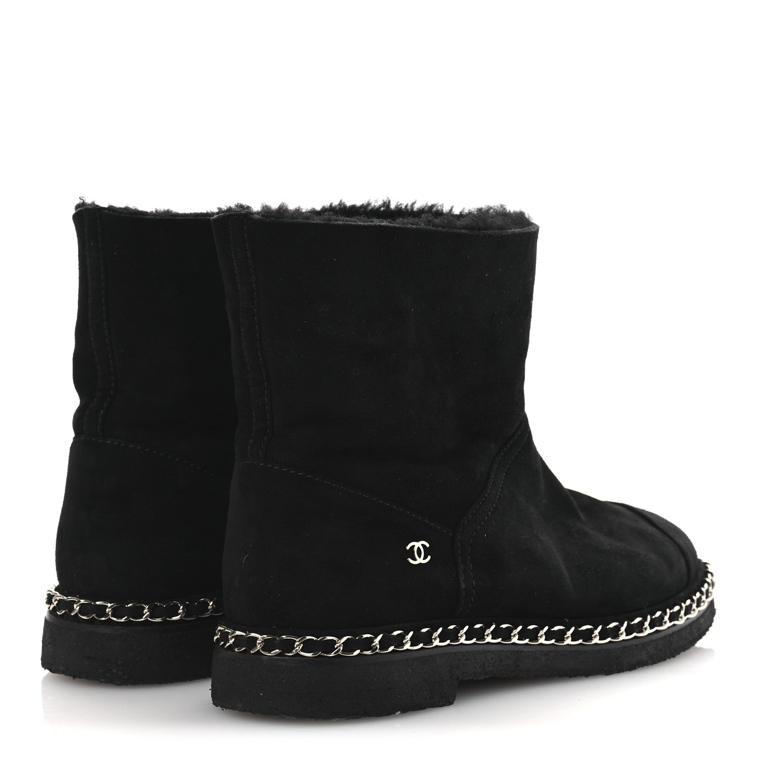 Chanel Kid Suede Shearling Womens Cap Toe Chain Short Boots 38 Black